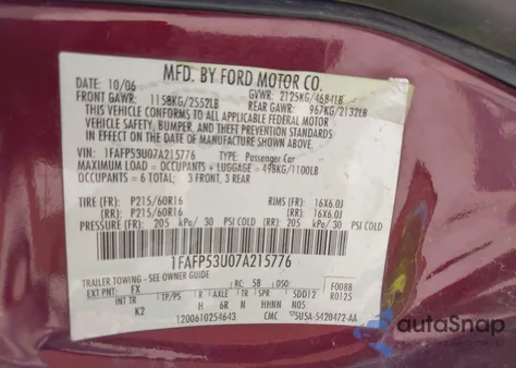 2007 Ford Taurus Se from USA, damaged, VIN 1FAFP53U07A215776